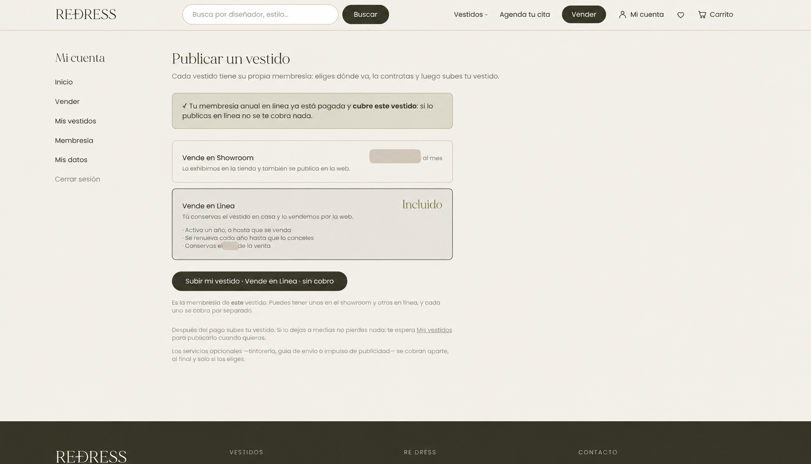 Re Dress seller dashboard: dress listing and membership selection for showroom or online sales